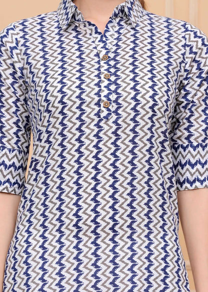 Pure Cotton Calf-Length Blue Printed Collar Kurti