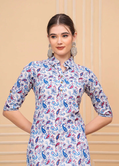 Pure Cotton Calf-Length MultiColor Collar Kurti