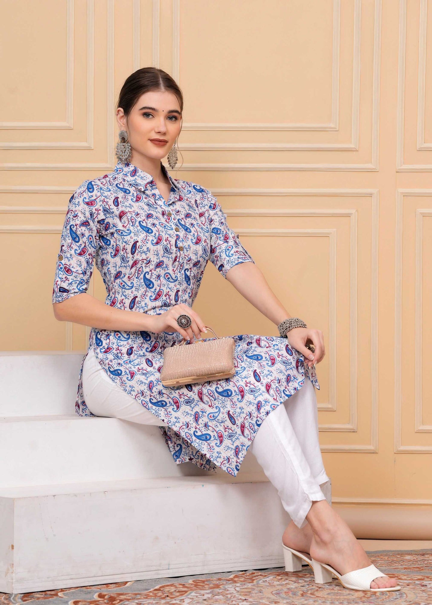 Pure Cotton Calf-Length MultiColor Collar Kurti