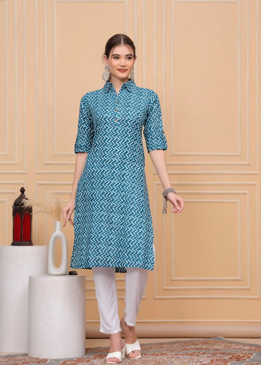 Pure Cotton Calf-Length Collar Kurti #CK01