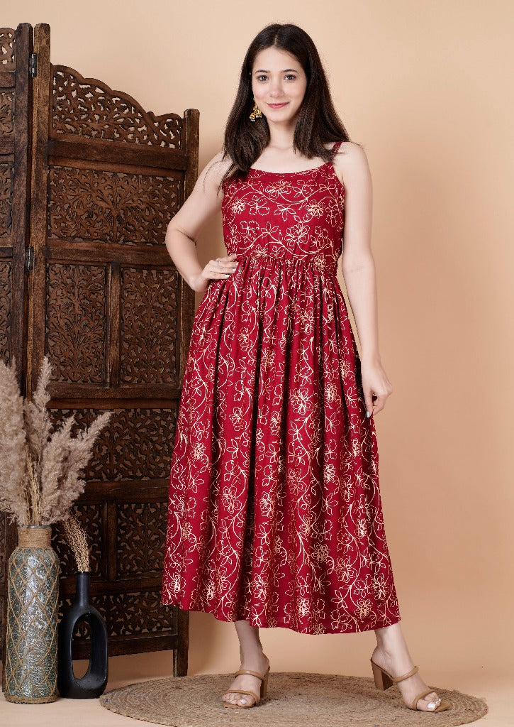 Rayon Round Designer Neck Sleeveless Long Floral Print Mexi Maroon Dress