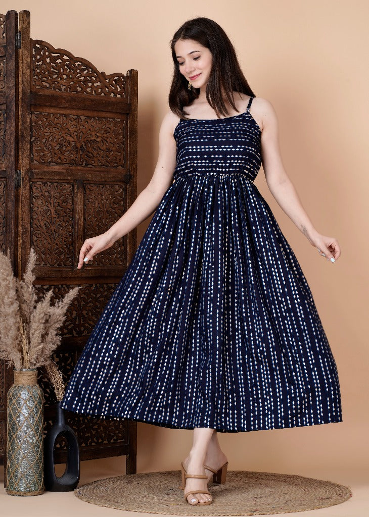 Rayon polka dot printed Navy Blue Dress