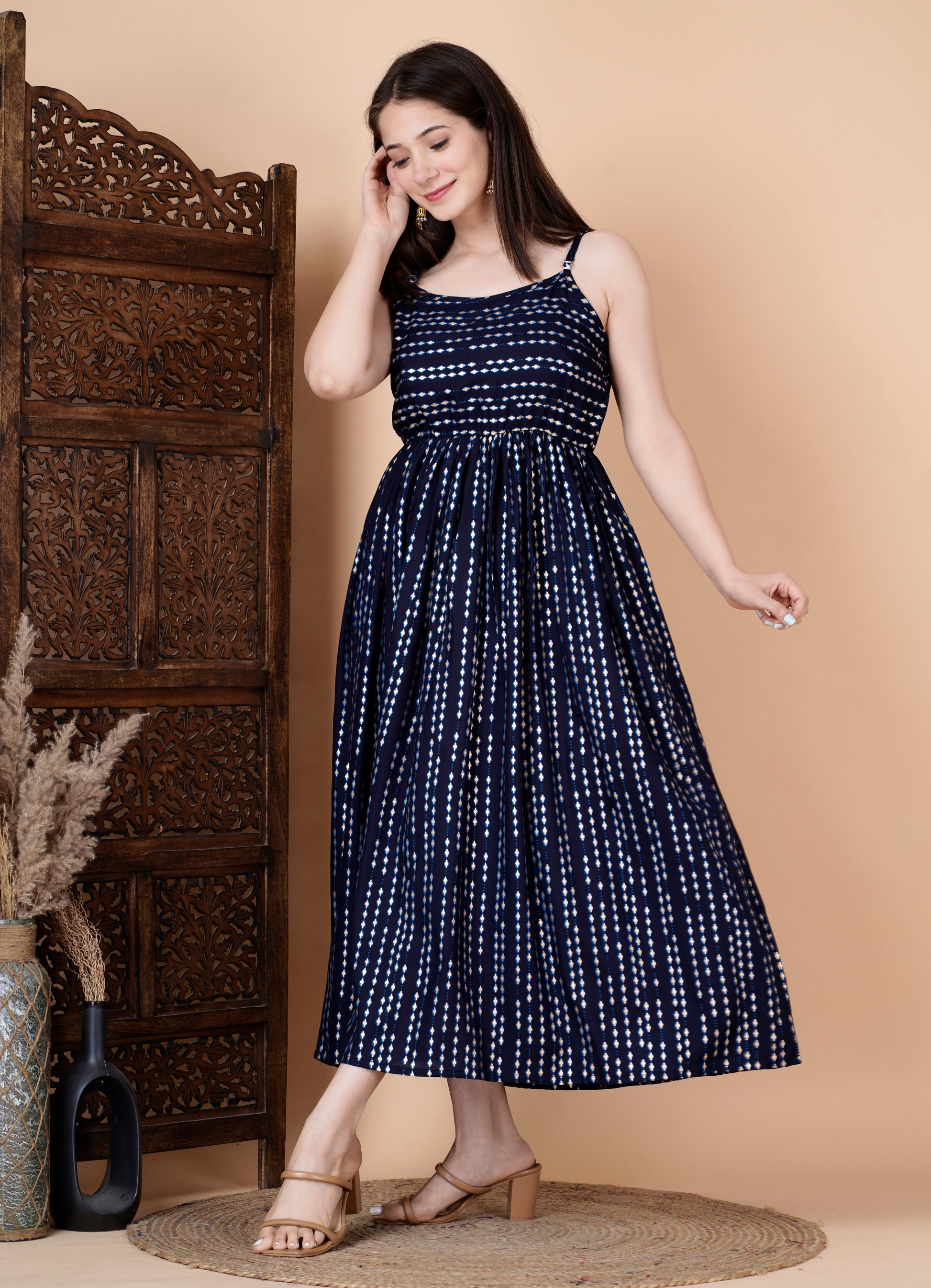 Rayon polka dot printed Navy Blue Dress