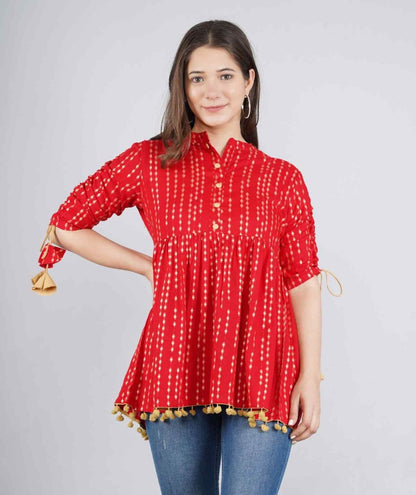 Women's Navy Red Polka Dot Print Top with Tasseles