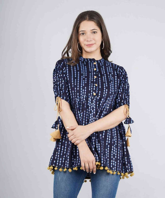 Women's Navy Blue Polka Dot Print Top with Tasseles