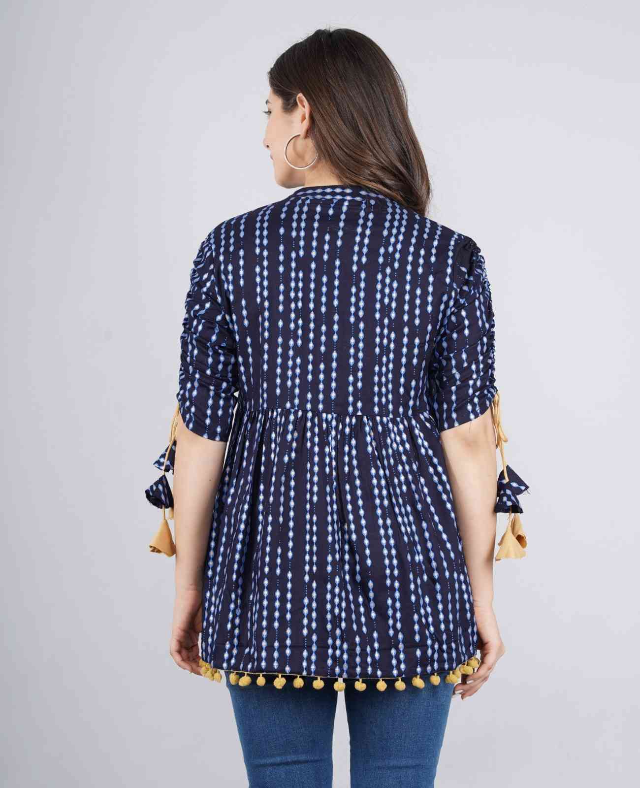 Women's Navy Blue Polka Dot Print Top with Tasseles