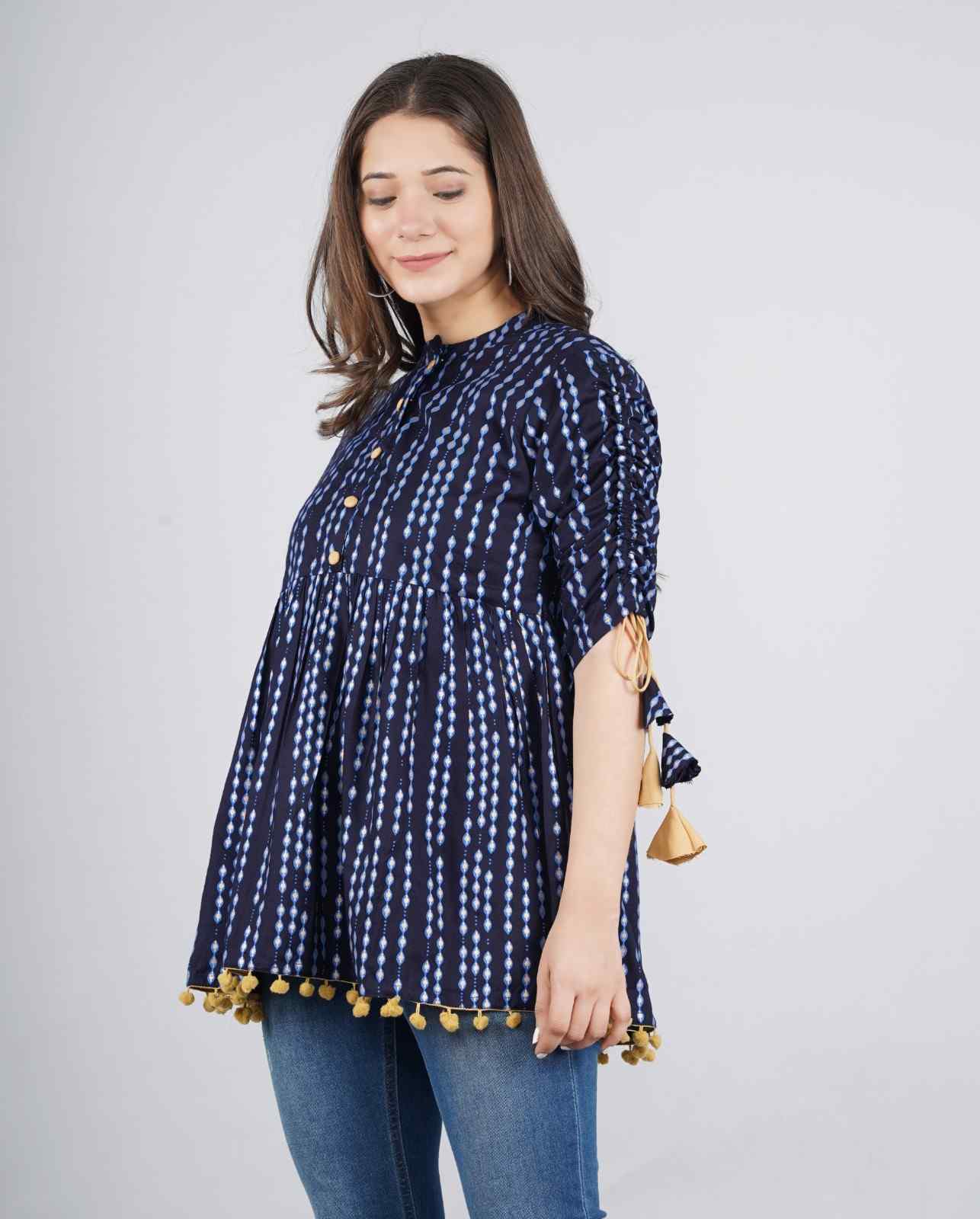 Women's Navy Blue Polka Dot Print Top with Tasseles