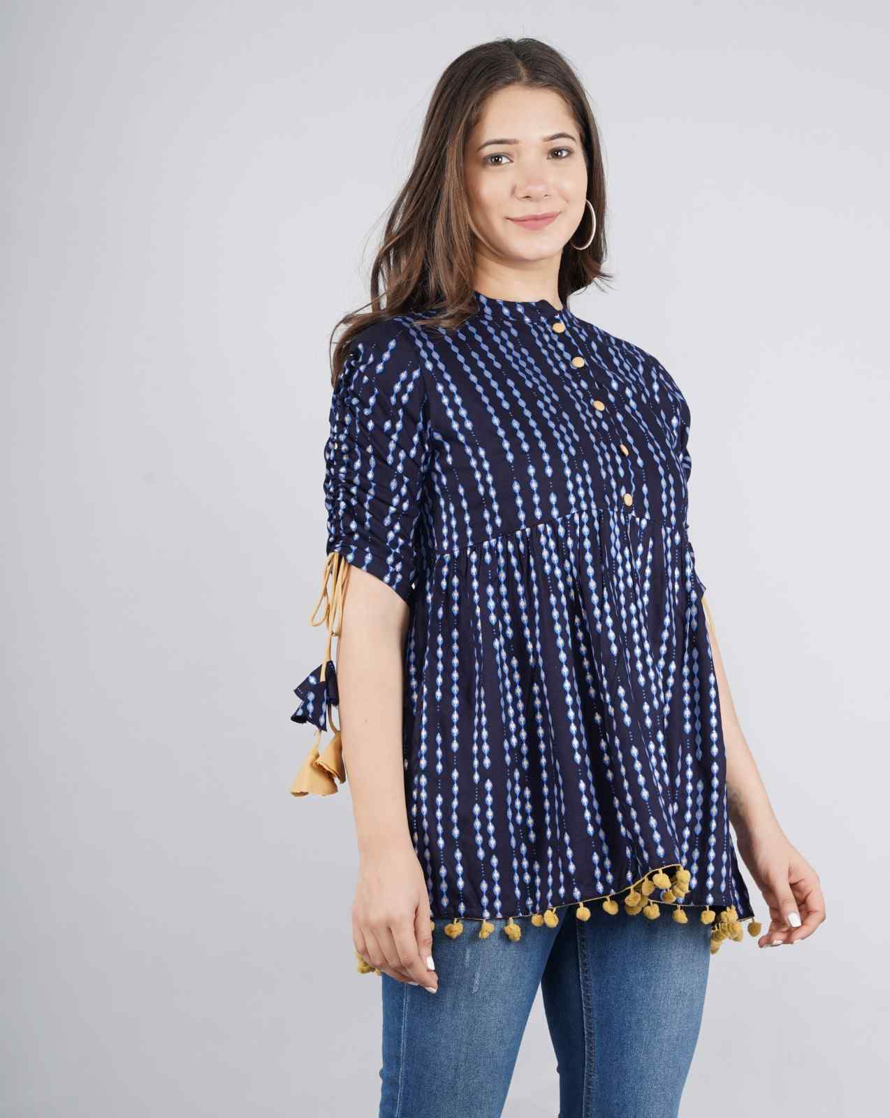 Women's Navy Blue Polka Dot Print Top with Tasseles