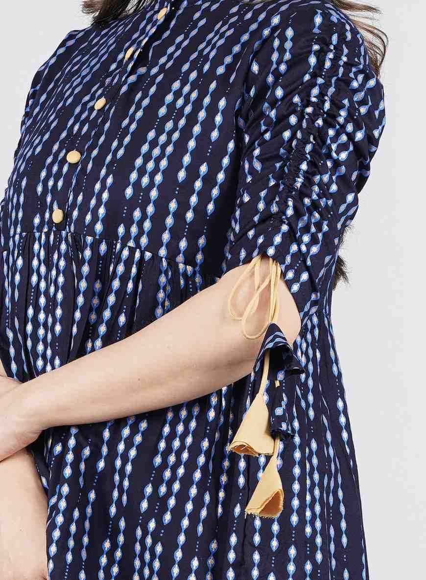 Women's Navy Blue Polka Dot Print Top with Tasseles