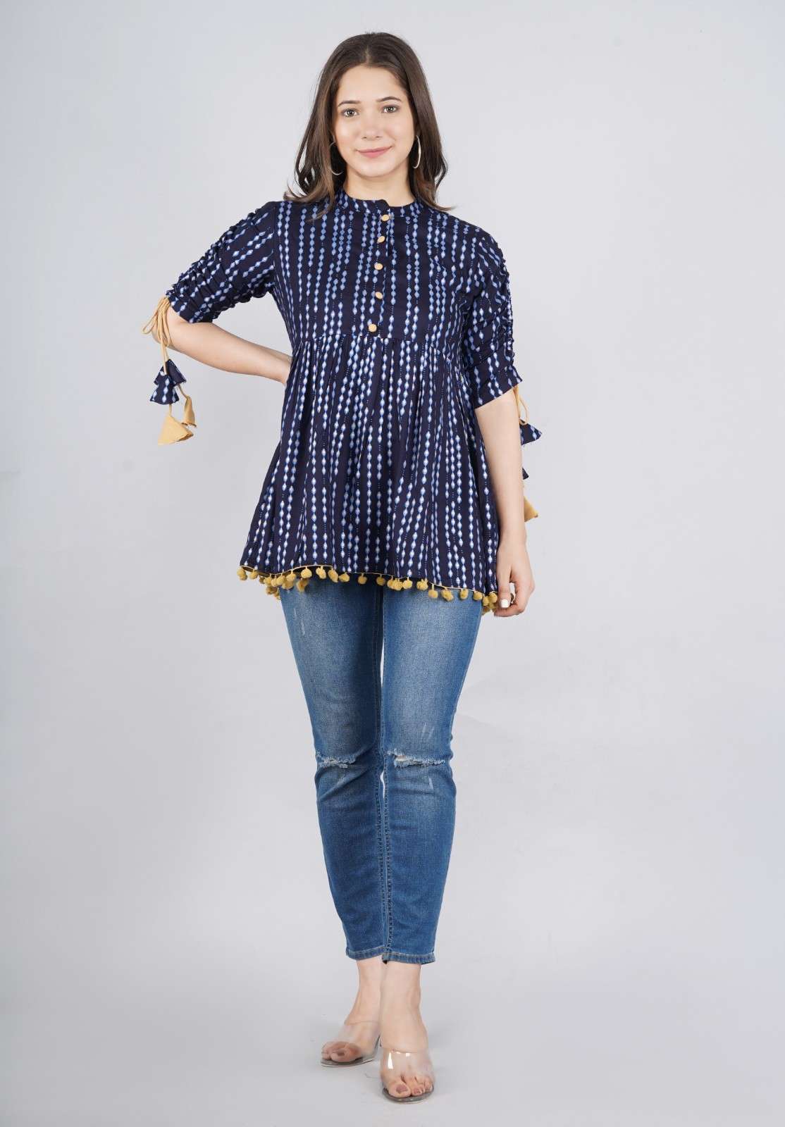 Women's Navy Blue Polka Dot Print Top with Tasseles