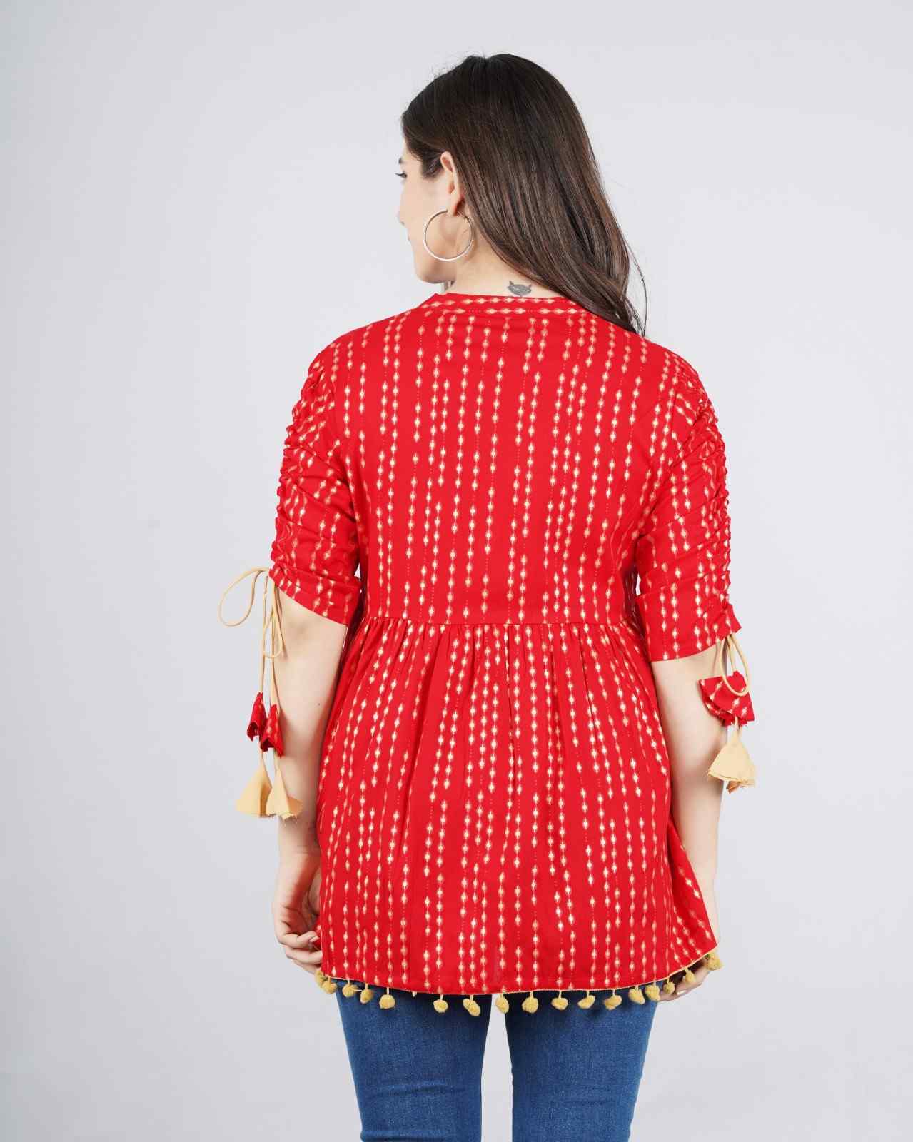 Women's Navy Red Polka Dot Print Top with Tasseles