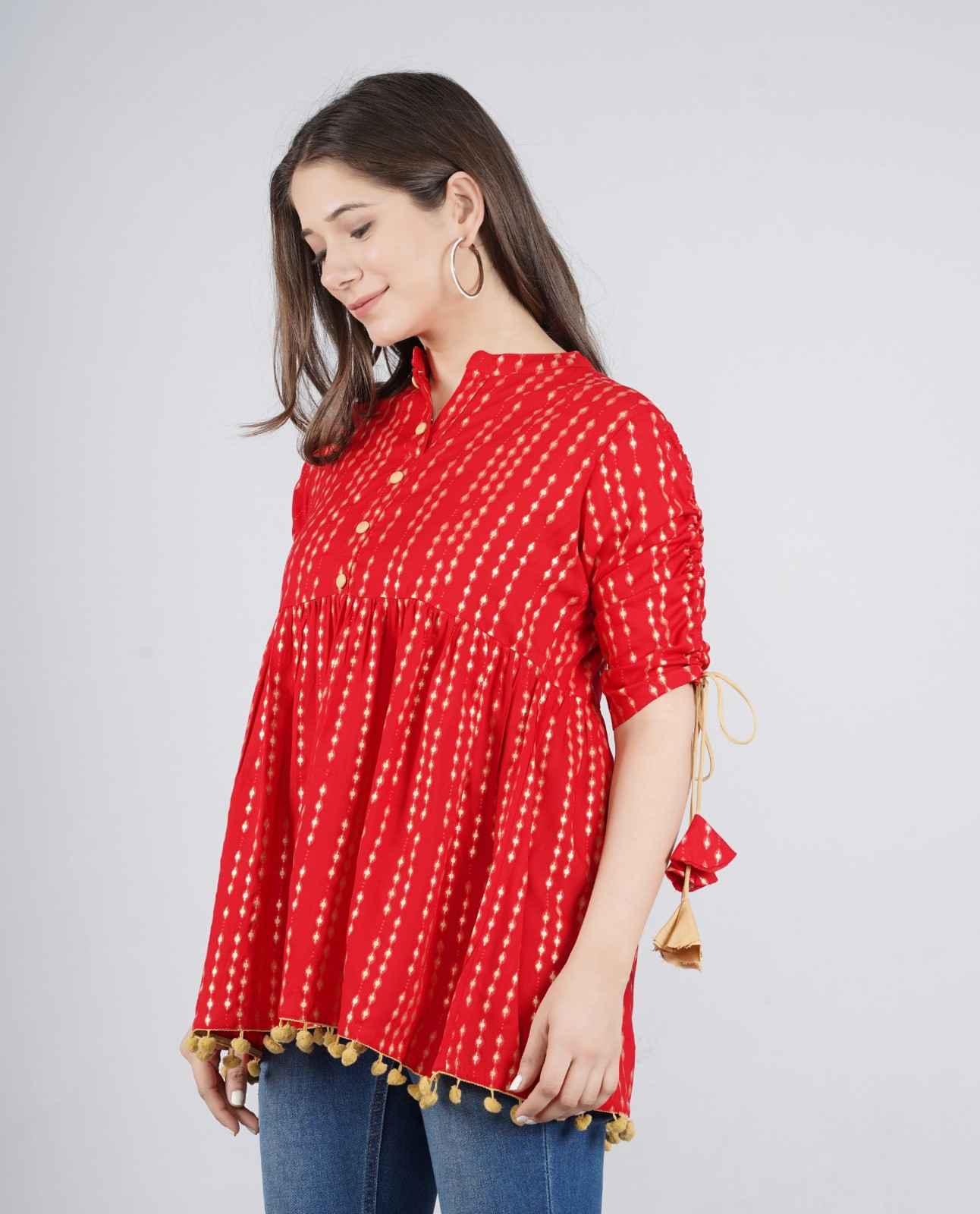 Women's Navy Red Polka Dot Print Top with Tasseles