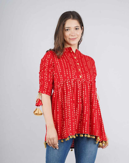 Women's Navy Red Polka Dot Print Top with Tasseles