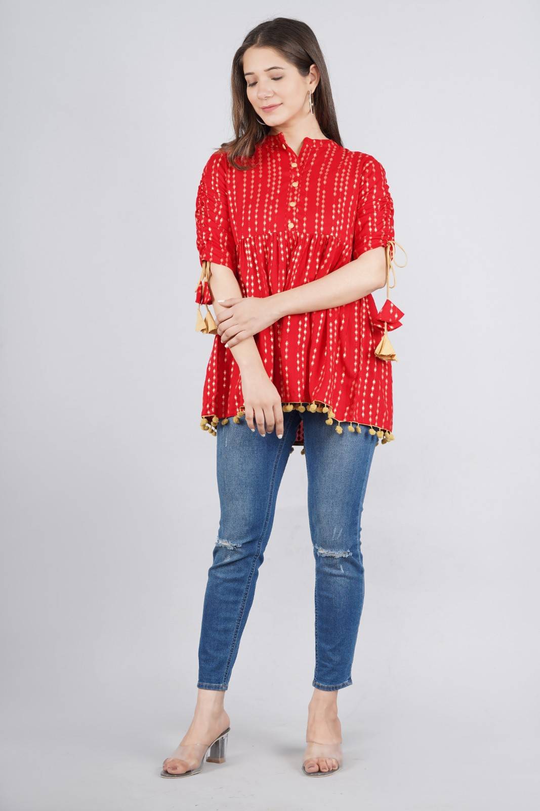 Women's Navy Red Polka Dot Print Top with Tasseles