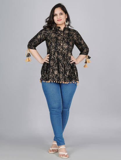 Rayon Black Printed Mandarin Collar Tunics Top