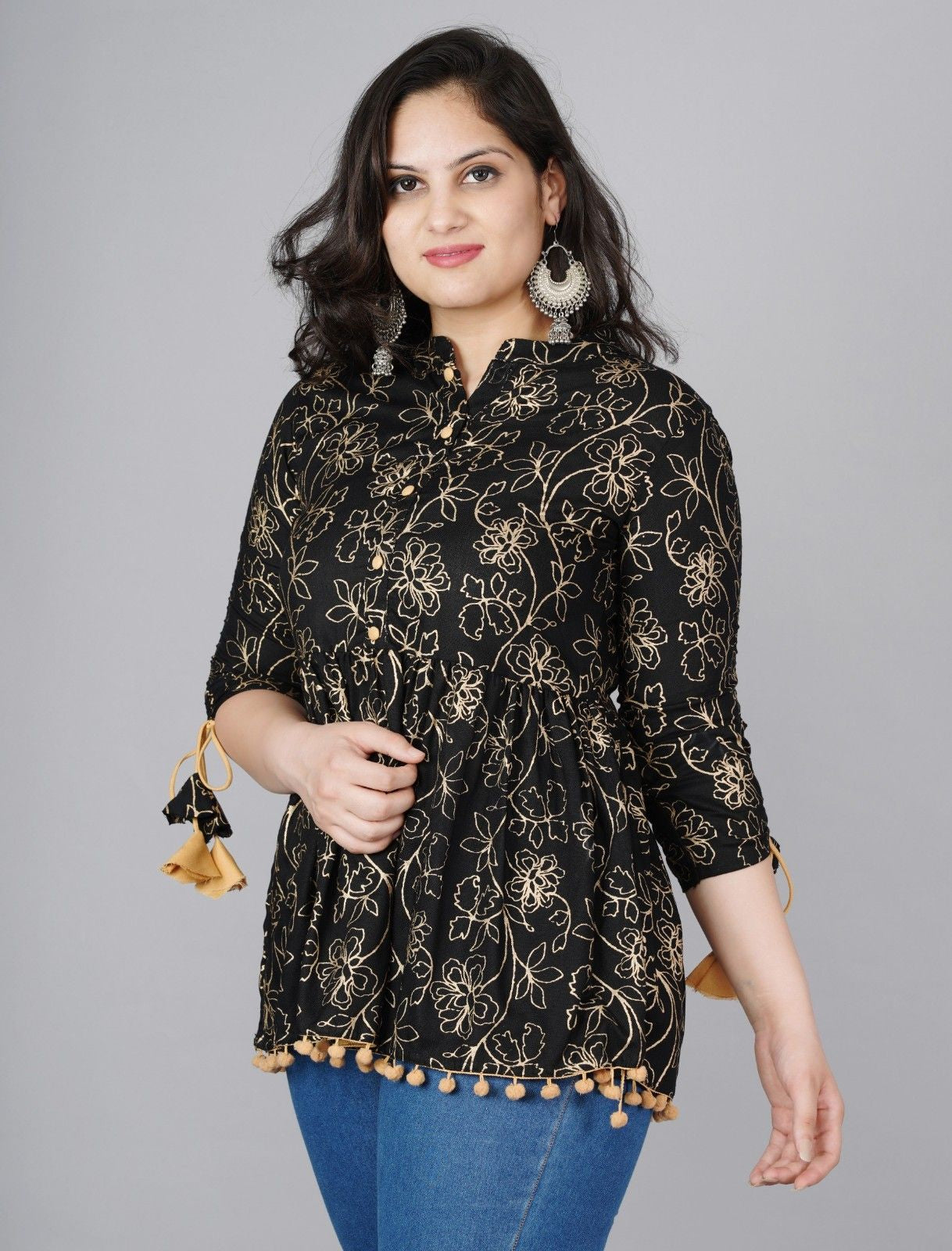 Rayon Black Printed Mandarin Collar Tunics Top