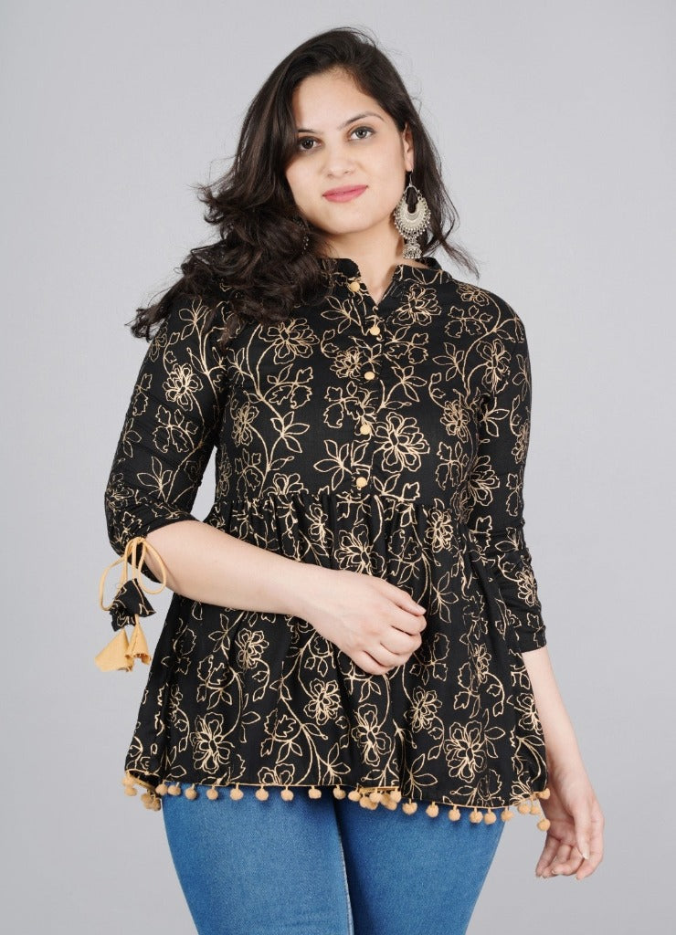 Rayon Black Printed Mandarin Collar Tunics Top