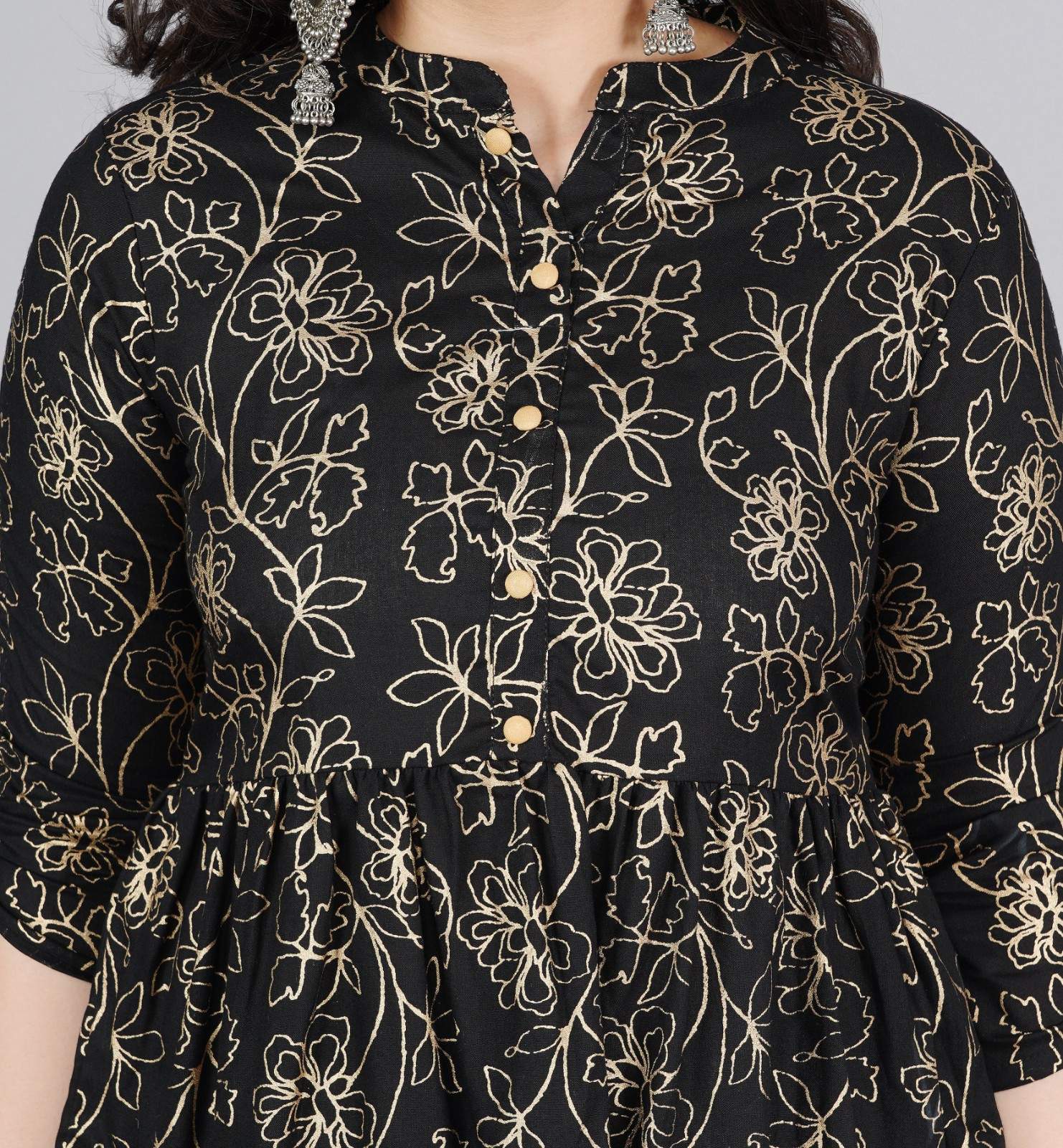 Rayon Black Printed Mandarin Collar Tunics Top