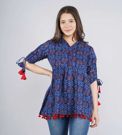 Women's Cotton Printed Casual Regular Wear Tops with Tasseles #T5