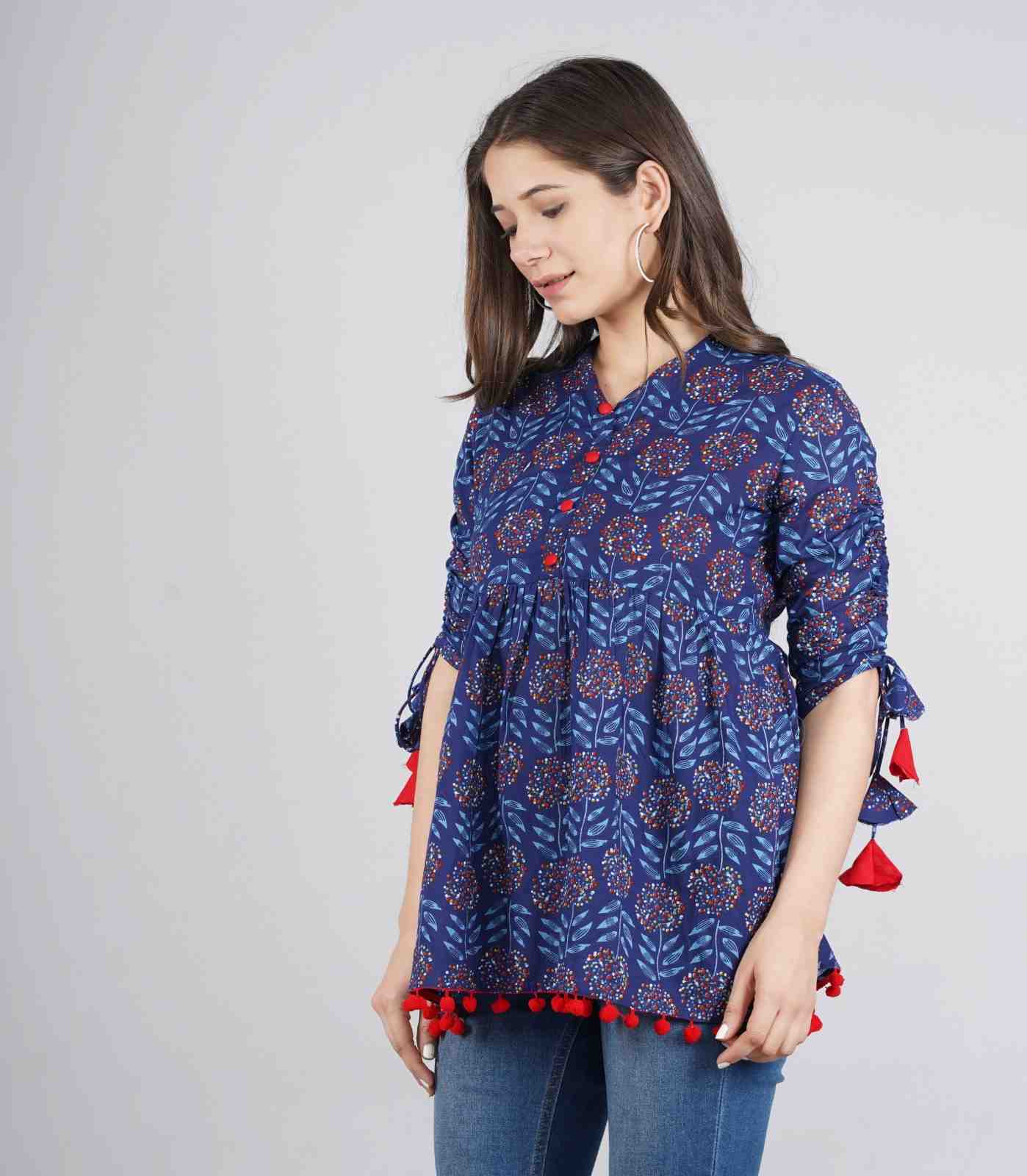 Women's Cotton Printed Casual Regular Wear Tops with Tasseles #T5