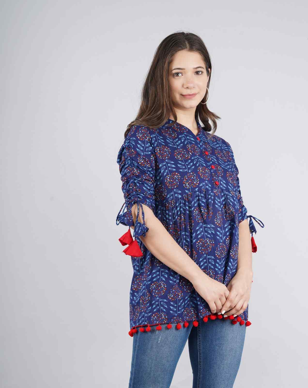 Women's Cotton Printed Casual Regular Wear Tops with Tasseles #T4