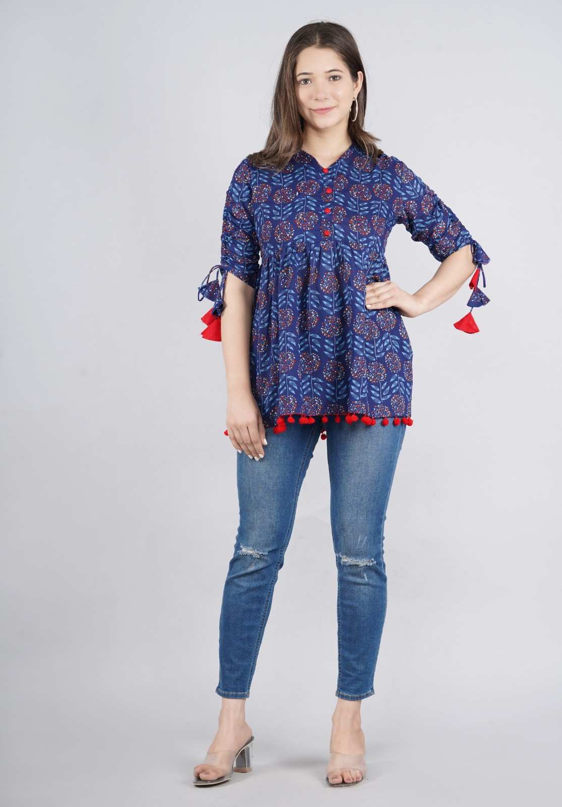 Women's Cotton Printed Casual Regular Wear Tops with Tasseles #T4