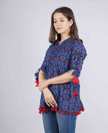 Women's Cotton Printed Casual Regular Wear Tops with Tasseles #T5