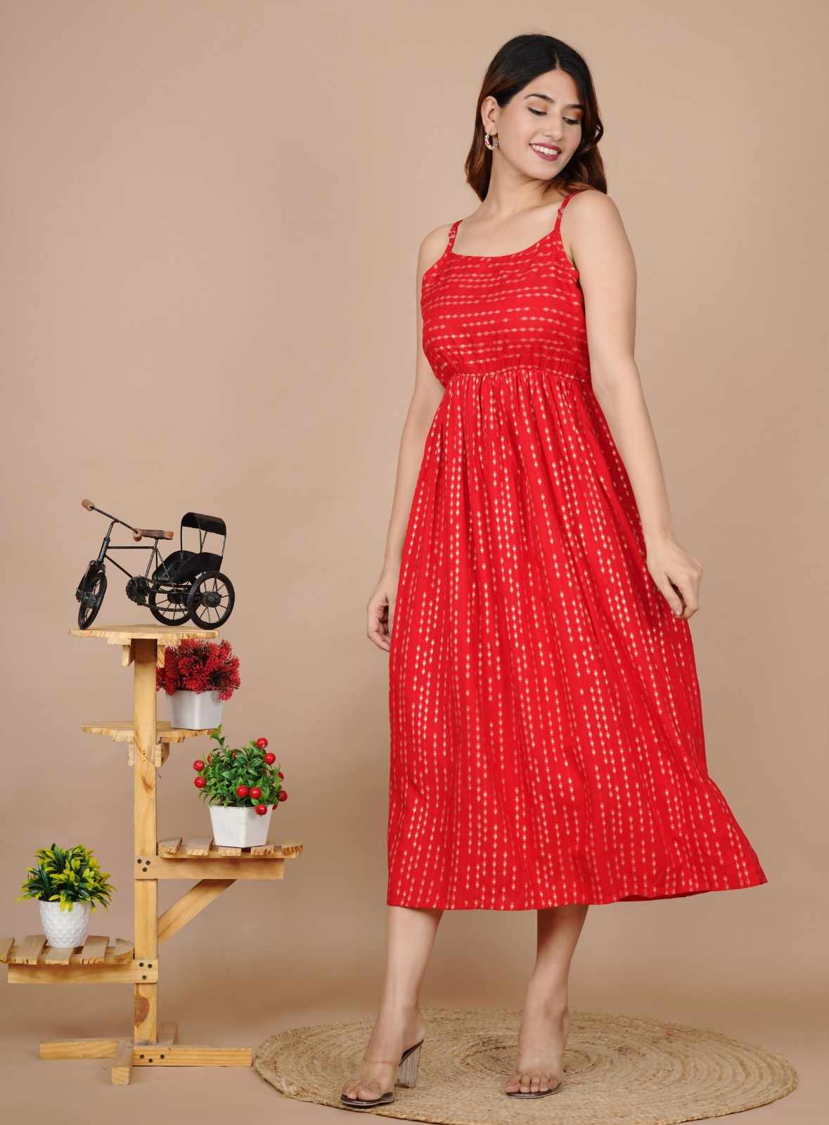 Rayon Dot Printed Red Dress Round Designer Neck Sleeveless Long Mexi 