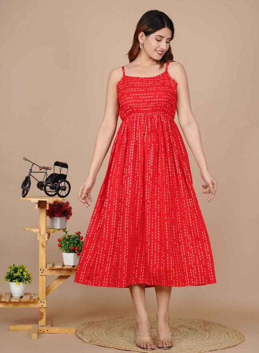 Rayon Dot Printed Red Dress Round Designer Neck Sleeveless Long Mexi 