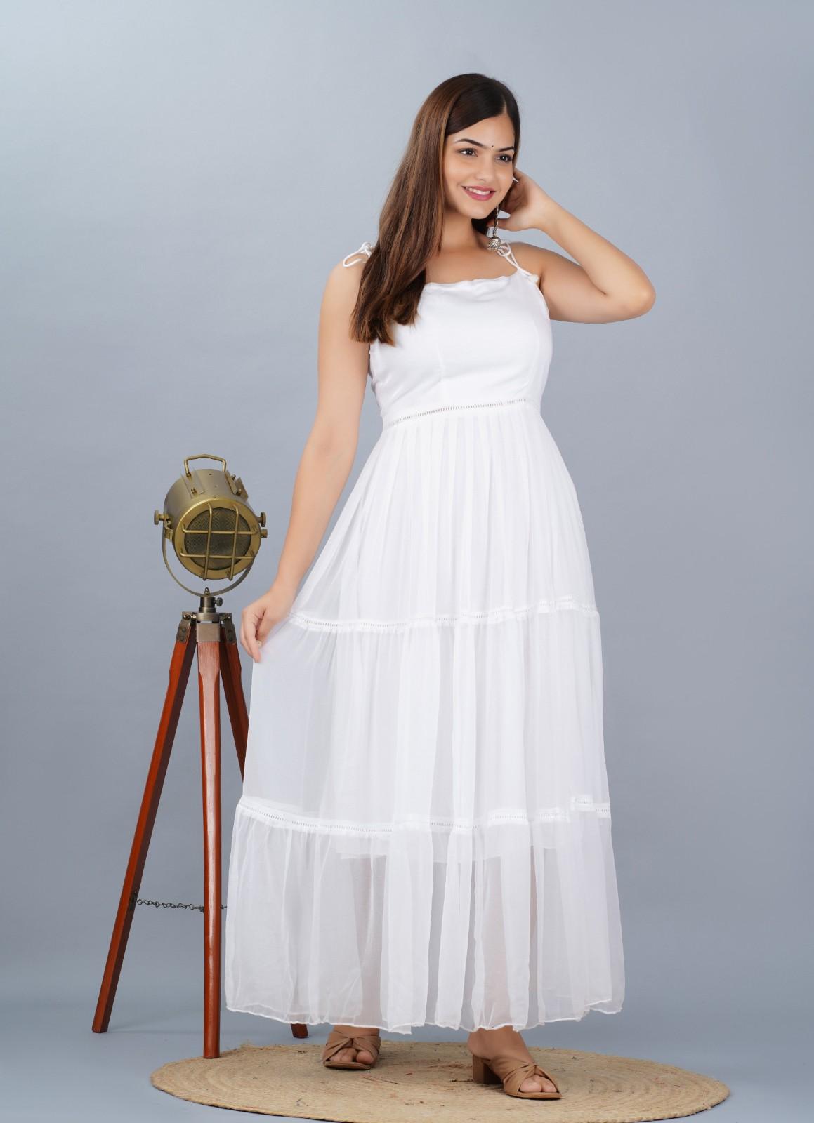 Rayon White Round Designer Neck Sleeveless Long Mexi 