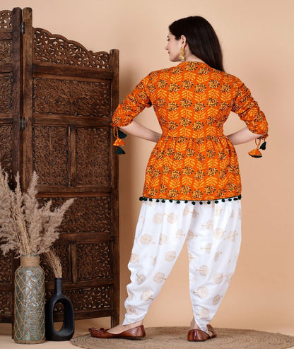 Mustard Mandarin Coller Womens Ethnic Kurta and Dhoti Pant Set