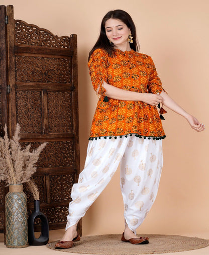 Mustard Mandarin Coller Womens Ethnic Kurta and Dhoti Pant Set