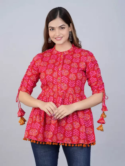 Women's Cotton Printed Casual Regular Wear Tops with Tasseles #T3