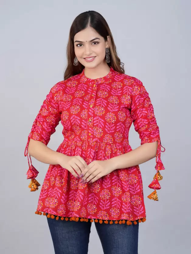 Women's Cotton Printed Casual Regular Wear Tops with Tasseles #T4