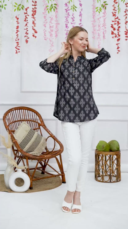 Ethnic Cotton Printed Pattern Black Straight Top