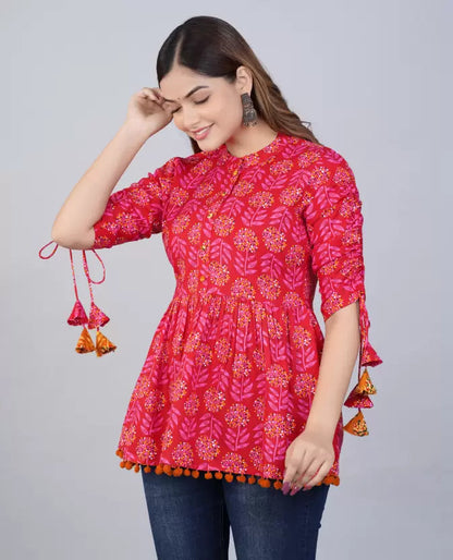 Women's Cotton Printed Casual Regular Wear Tops with Tasseles #T5