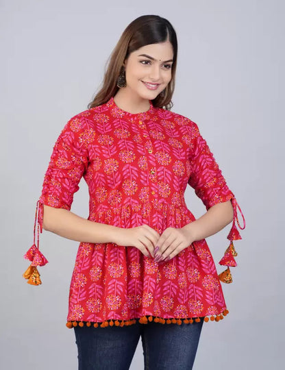 Women's Cotton Printed Casual Regular Wear Tops with Tasseles #T5