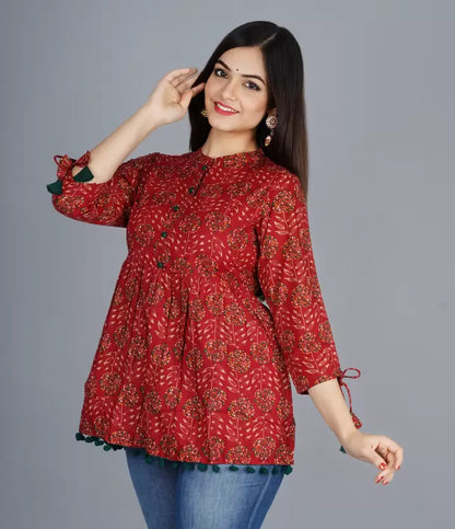 Women's Cotton Printed Casual Regular Wear Tops with Tasseles #T5