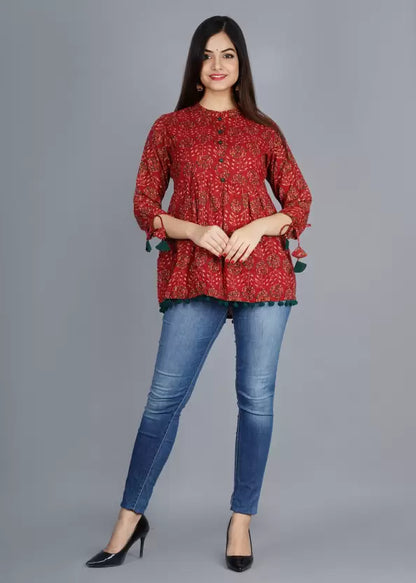 Women's Cotton Printed Casual Regular Wear Tops with Tasseles #T5