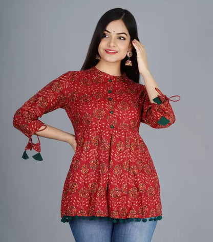 Women's Cotton Printed Casual Regular Wear Tops with Tasseles #T4