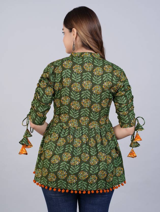 Women's Cotton Printed Casual Regular Wear Tops with Tasseles #T5