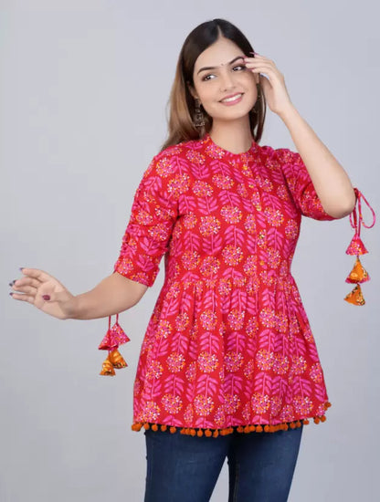 Women's Cotton Printed Casual Regular Wear Tops with Tasseles #T5