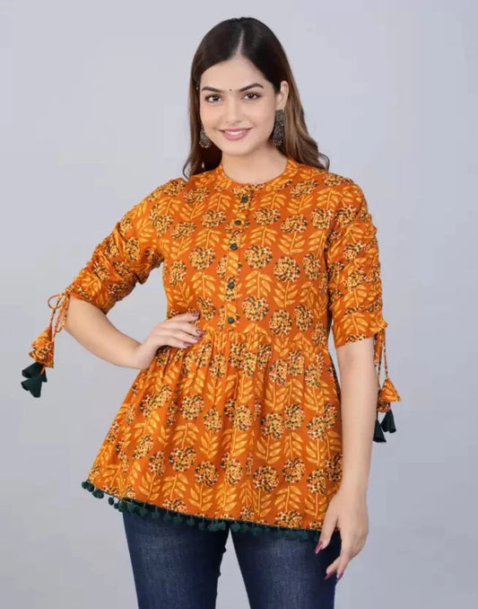 Women's Cotton Printed Casual Regular Wear Tops with Tasseles #T2