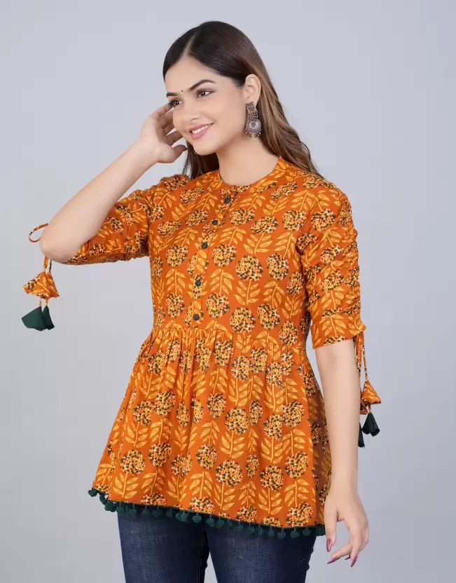 Women's Cotton Printed Casual Regular Wear Tops with Tasseles #T5