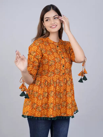 Women's Cotton Printed Casual Regular Wear Tops with Tasseles #T5