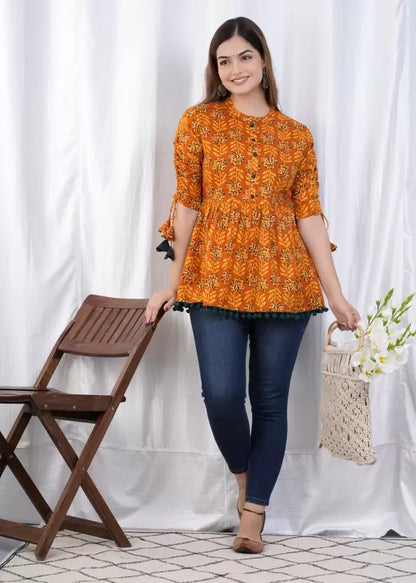 Women's Cotton Printed Casual Regular Wear Tops with Tasseles #T5