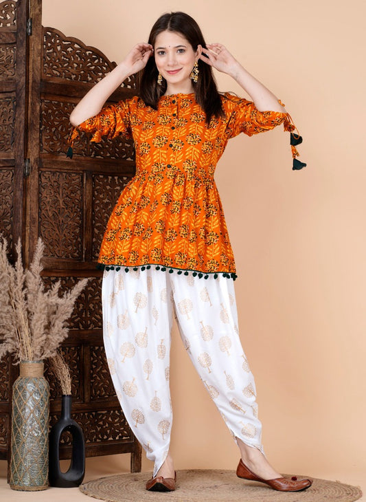 Mustard Mandarin Coller Womens Ethnic Kurta and Dhoti Pant Set